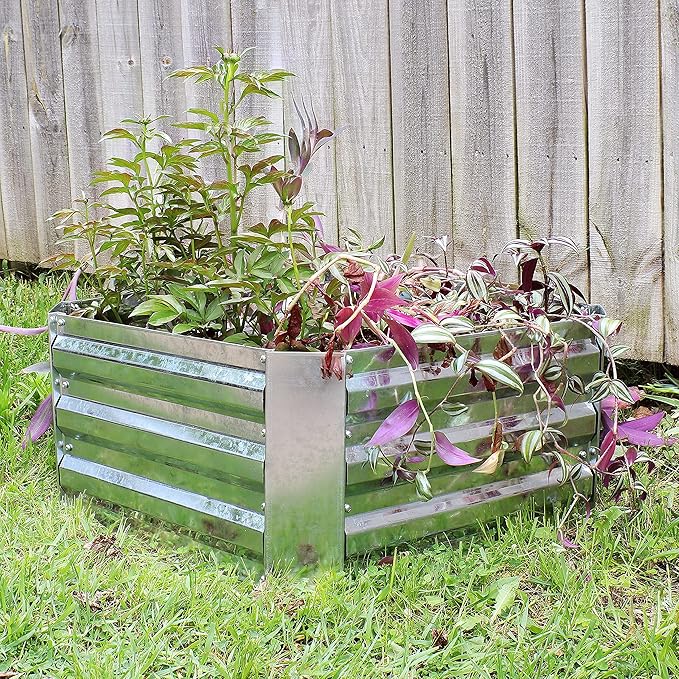 Sunnydaze Silver Corrugated Galvanized Steel 24 x 11.75 Square Planter and 40.5 x 11.75 Hexagon Raised Garden Beds for Vegetables Plants and Flowers