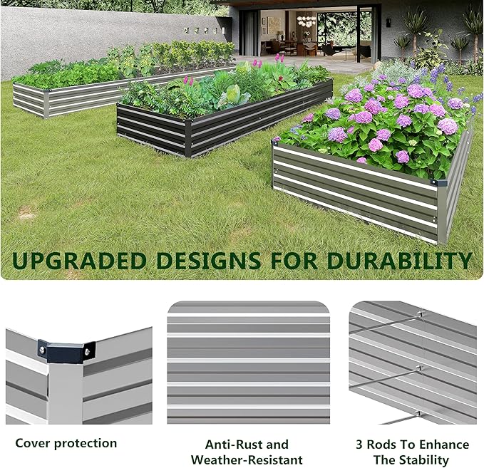2PCS 12x3x1ft Galvanized Raised Garden Bed KitMetal Planter Box for VegetablesFlowersHerbs Durable Rust-Resistant Patio Gardening BedsSilver