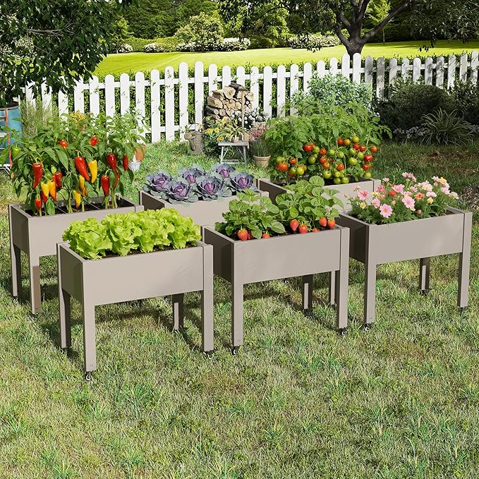 Raised Garden Bed with Legs 26.3 Tall Elevated Planter Box with Drainage Holes Water Gauge Lockable Wheels Weatherproof Resin Design for Vegetables and Flowers for Backyard Patio Balcony(Gray)