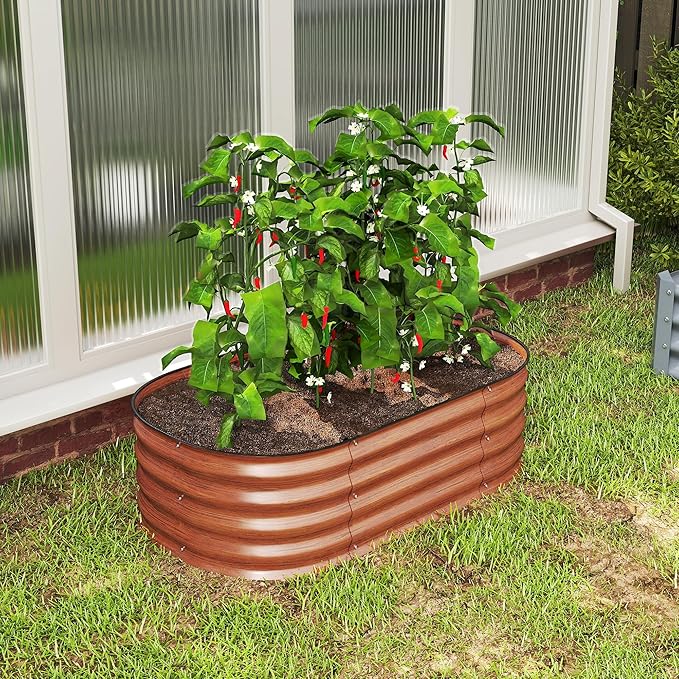 Outsunny 3.5' x 2' x 1' Galvanized Raised Garden Bed Kit Outdoor Metal Elevated Planter Box with Safety Edging Easy DIY Stock Tank for Growing Flowers Herbs &amp Vegetables Brown
