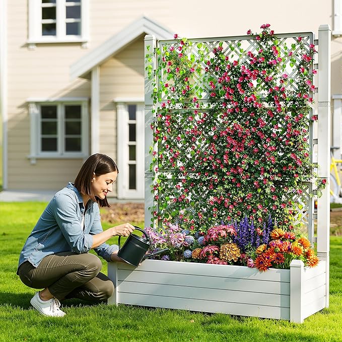 21 Gallon Raised Garden Bed with Trellis Self Watering Raised Planter Box with Drainage Holes and Gauge for Climbing Plants Vegetables and Flowers Durable Anti-Rust Resin for Backyard Patio