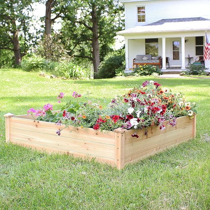 Sunnydaze Square Wood Raised Garden Bed - Outdoor Elevated Planter Box for Flower Vegetable and Herb Gardening - 4’ x 4’