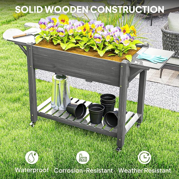 Outsunny Raised Garden Bed 57 x 20.5 x 34 in Wood Elevated Planter Box with Lockable Wheels Side Tables and Bottom Shelf Outdoor Raised Planter with Bed Liner and Drainage Holes Gray