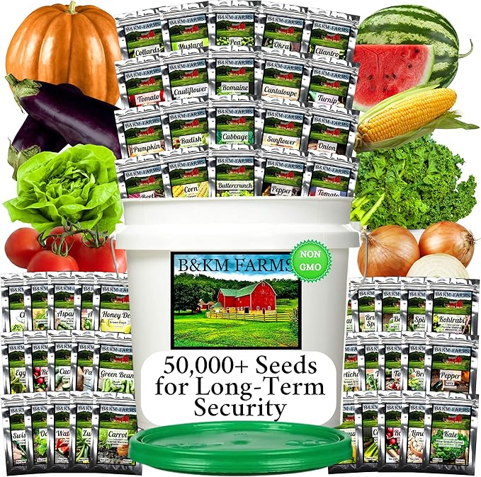 Survival Seed Vault: 50 Varieties 50000+ Non-GMO Heirloom Seeds - 5+ Year Supply in Secure Bucket + Growing Guide by B&ampKM Farms