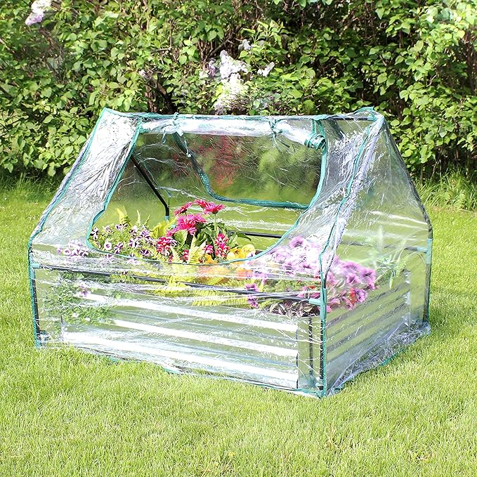 Sunnydaze Steel Raised Garden Bed with Mini Greenhouse - Outdoor Greenhouse Kit - 2 Zippered Doors - Clear - 4' x 3'