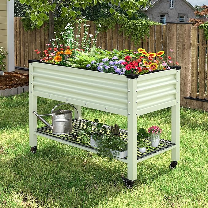 VEIKOU 48x24x34in Galvanized Steel Raised Garden Bed for Outdoor with Shelf and Casters Drainage Holes Detachable Liner Steel Planter Box for Gardening 507 lbs Capacity Cream White