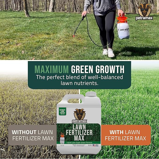PetraMax Liquid Lawn Fertilizer for Lawns Concentrate - Liquid Fertilizer for Lawns Food for Grass - 16-4-8 High Nitrogen Lush Green Grass Phosphorus for Strong Roots - Apply Spring &amp Summer (32