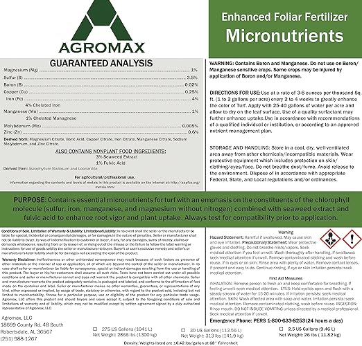 Micronutrients (1 Gallon) by AGROMAX - Liquid Fertilizer (Plant Fertilizer Turf and Lawn Fertilizer All Purpose with Chelated Iron and Seaweed Extract)