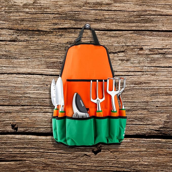 UKOKE Garden Tool Set 12 Piece Aluminum Hand Tool Kit Garden Canvas Apron with Storage Pocket Outdoor Tool Heavy Duty Gardening Work Set with Ergonomic Handle Gardening Tools for women men