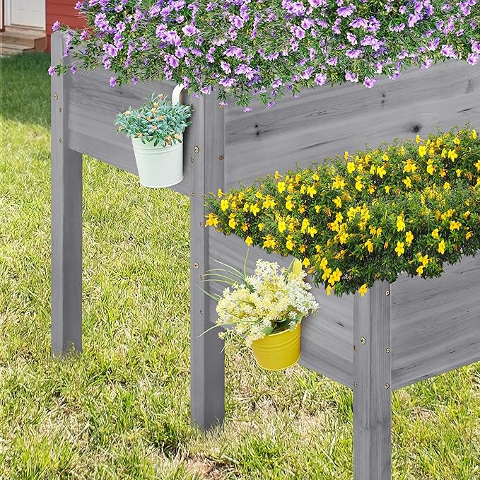 Topeakmart 2-Tier Elevated Stand Raised Bed Planting Planter Bed Box for Flower Vegetable Gardening Outdoor Gray