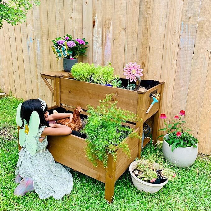 2-Tier Raised Garden Bed with Legs Outdoor Elevated Garden BoxStorage ShelfProtective Liner for BackyardPatioBalcony55x42x30in (Brown)