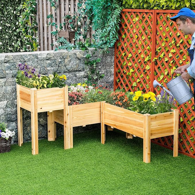 3-Piece Wooden Garden Bed Set Raised Planter Boxes for Vegetables Herbs &amp Flowers