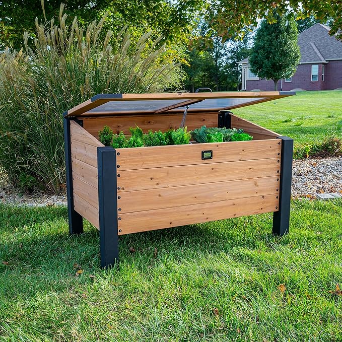 Backyard Discovery Aggie 4' x 2' Cedar Wood Cold Frame Portable Mini Greenhouse Raised Garden Planter with Temperature-Activated Polycarbonate Lid Mesh Drainage for Year-Round Outdoor Gardening