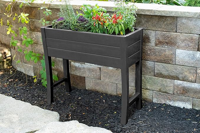 NuVue Products 26021 Outdoor Elevated Garden Bed for Growing Edible Plants and Flowers BPA-Free Woodgrain Panel Elevated Planter Box 35.5” L x 15” W x 32” H Dark Gray