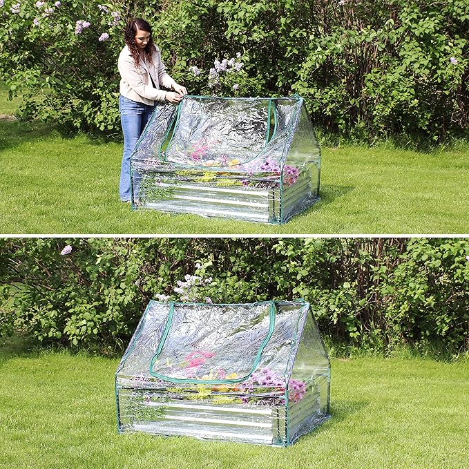 Sunnydaze Steel Raised Garden Bed with Mini Greenhouse - Outdoor Greenhouse Kit - 2 Zippered Doors - Clear - 4' x 3'