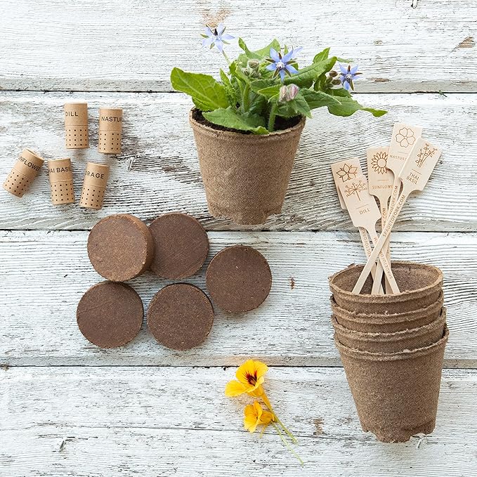 Organic Edible Flower Garden Seed Kit - 23pc Indoor Garden with Soil Pots Plant Markers USDA Organic Non-GMO Seeds &amp Illustrated Instructions - Sunflower Borage Thai Basil Dill Nasturtium