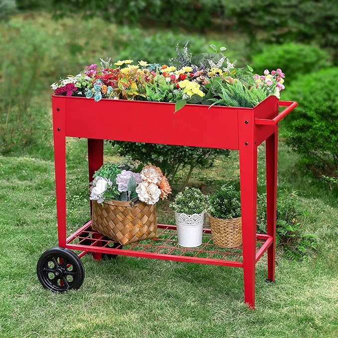 PHI VILLA Raised Garden Bed Planters for Outdoor Plants with Legs Planter Box with Wheels for Herb/Vegetables/Flower/PatioRed