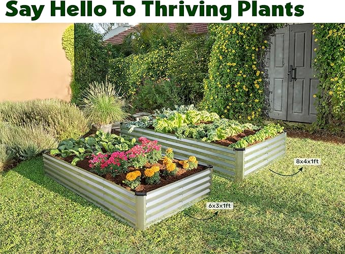 Plant &amp Plot Galvanized Raised Garden Beds Outdoor // 6×3×1 ft (2-Pack) Planter Raised Beds for Gardening Vegetables Flowers // Large Metal Garden Box // Patented Tool-Free Design (Silver)