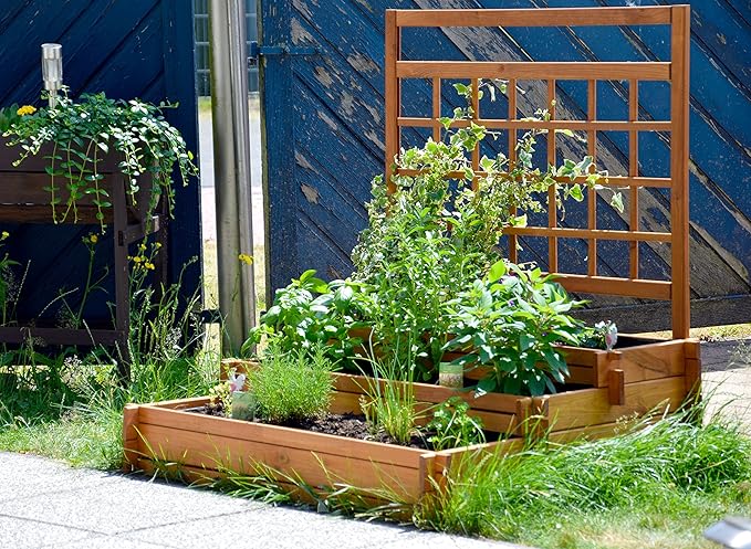 raised bed three-level Peru wooden with climbing trellis: planter box cold frame construction kit for vegetables brown 110x88x115 cm 58185FSC