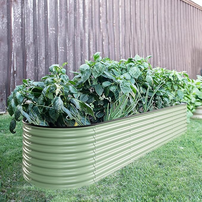 8ftx2ftx2ft Outdoor Raised Garden Bed 9-in-1 Galvanized Metal Planter Box with 4 Aluminum Support Rods 23.1''H Modular Garden Bed Kit Oval for Herbs and Flowers Olive Green