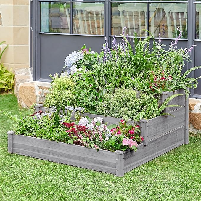 Topeakmart 3 Tier Raised Garden Bed Wood Garden Box Wooden Vegetables/Flower/Herb Elevated Garden Planter Boxes Outdoor Gray