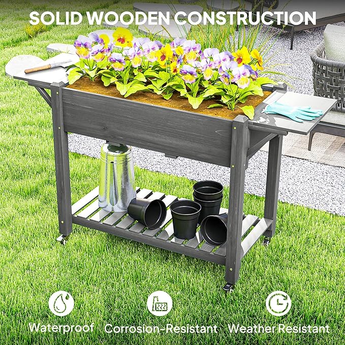 Premium Wood Elevated Garden Bed with Lockable Wheels Side Tables Bottom Shelf Drainage Holes and Classic Gray Finish