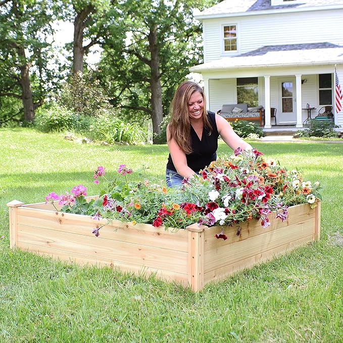 Sunnydaze Square Wood Raised Garden Bed - Outdoor Elevated Planter Box for Flower Vegetable and Herb Gardening - 4’ x 4’