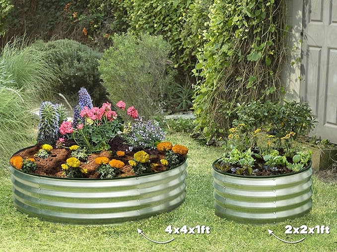 Round Galvanized Raised Garden Bed // 4×4×1 ft (2-Pack) Galvanized Raised Garden Beds Outdoor for Gardening Vegetables Flowers // Patented Tool-Free Design Round Planter (Silver)