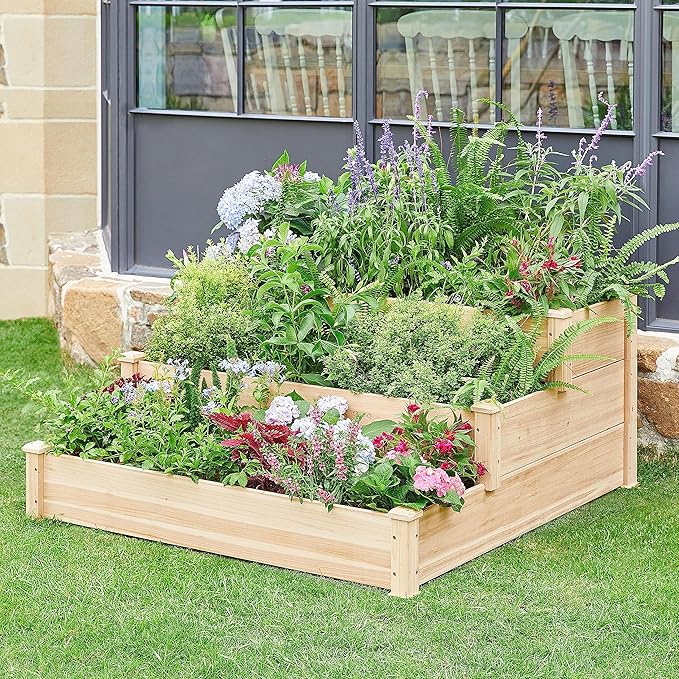Topeakmart 3 Tier Raised Garden Bed Wood Garden Box Wooden Vegetables/Flower/Herb Elevated Garden Planter Boxes Outdoor Wood