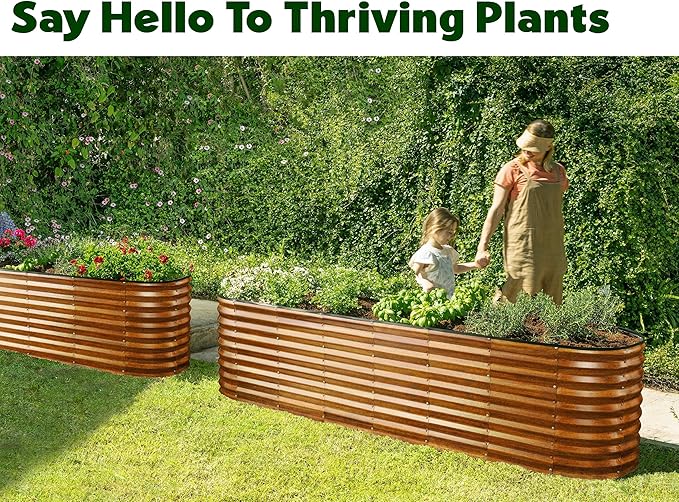 Plant &amp Plot Galvanized Raised Garden Beds Outdoor // 8×2×2 ft Planter Raised Beds for Gardening Vegetables Flowers (Dark Wood Grain) // Large Metal Garden Box // Patented Tool-Free Design