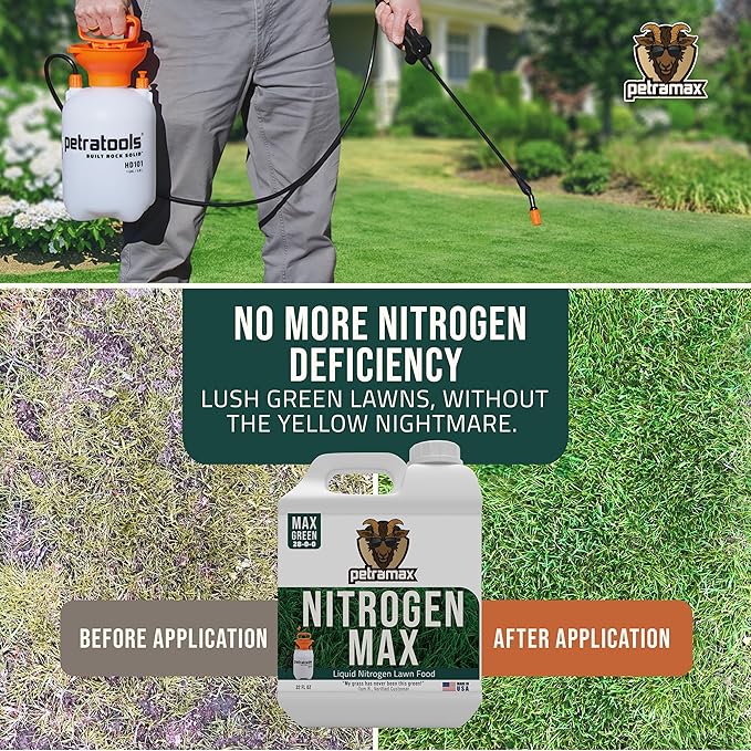 Petramax Liquid Nitrogen Fertilizer 28-0-0 NPK - 32 Oz Spring &amp Summer Liquid Grass Fertilizer for Lawn Spray on Easy to Apply for Deep Green Lawn Care - Slow Release High Nitrogen Turf Builder