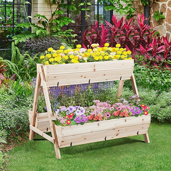 Yaheetech 44 x 36.5 x 35.5 Wooden Raised Garden Bed with Legs 3 Tiers Raised Garden Beds Outdoor Elevated Planter Boxs Outdoor for Flowers Vegetables Herbs 1pc