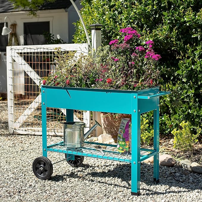 Sunnydaze 43-Inch Galvanized Steel Raised Garden Bed with Legs - Outdoor Elevated Planter Box with Wheels for Vegetables - Blue