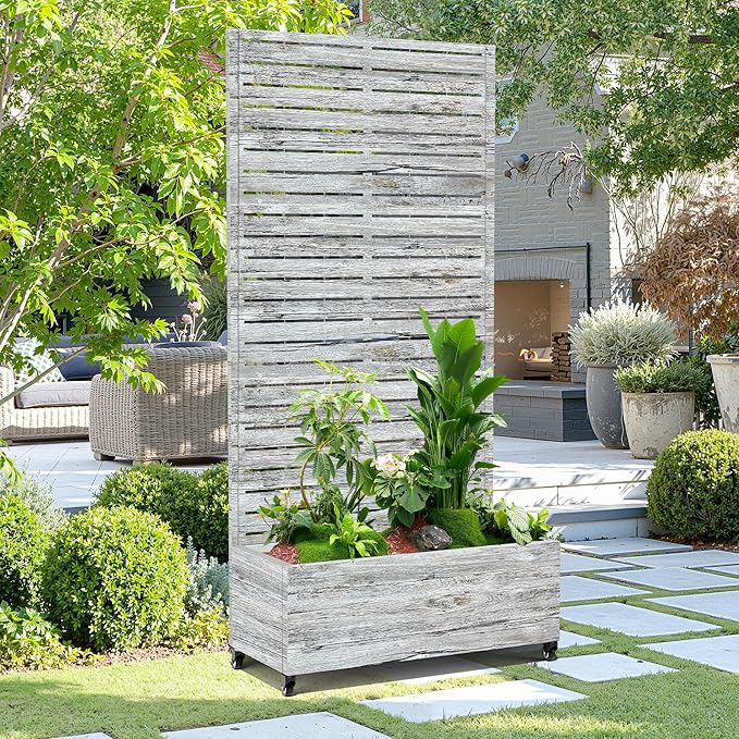 15.7×70.9×35.4 Metal Raised Garden Bed with Trellis and Wheels - Tall Trellis Planter Box for Climbing Plants Vegetables &amp Vines - Outdoor Privacy Planters for Patio (White Oak Grain)