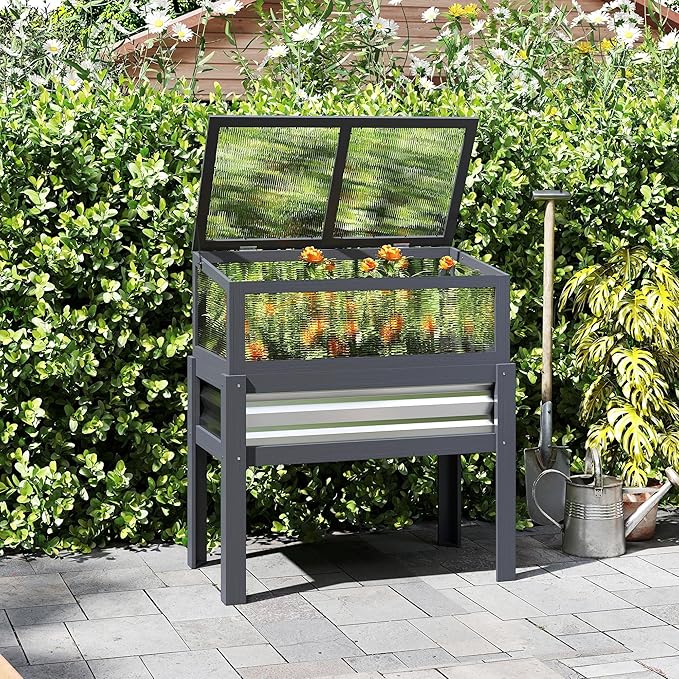 Outsunny Wooden Raised Garden Bed with Flip-Up Greenhouse Top Raised Garden Bed with Legs and Bed Liner Elevated Planter Box for Flowers Vegetables Herbs Gray