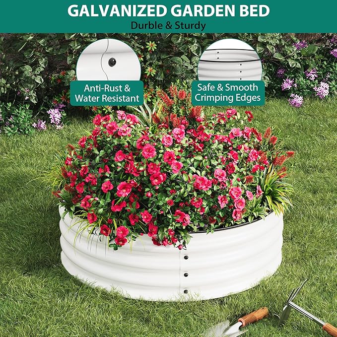 2PCS 2 x 1ft Round Galvanized Raised Garden Bed with Safe Rubber Edge Rust &amp Corrosion Resistant Metal Planter Box Open Bottom Easy Assembly for Vegetables Fruit Flowers White