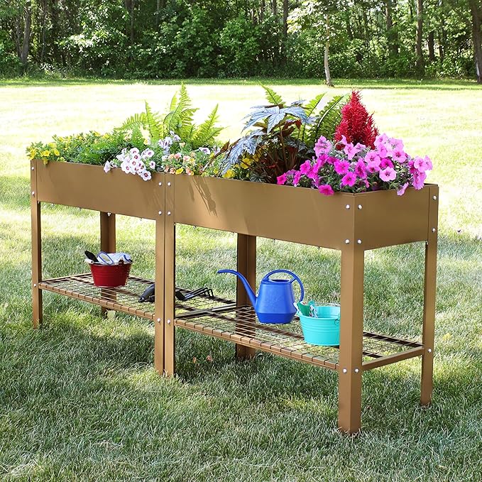 Sunnydaze Galvanized Steel Raised Garden Bed - Set of 2 Elevated Planter Boxes - Individual or Connected Use - Features Lower Storage Shelf - Brown
