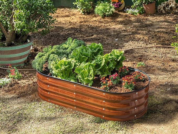 Plant &amp Plot Galvanized Raised Garden Beds Outdoor // 4×2×1 ft (2-Pack) Planter Raised Beds for Gardening Vegetables Flowers (Dark Wood Grain) // Large Metal Garden Box