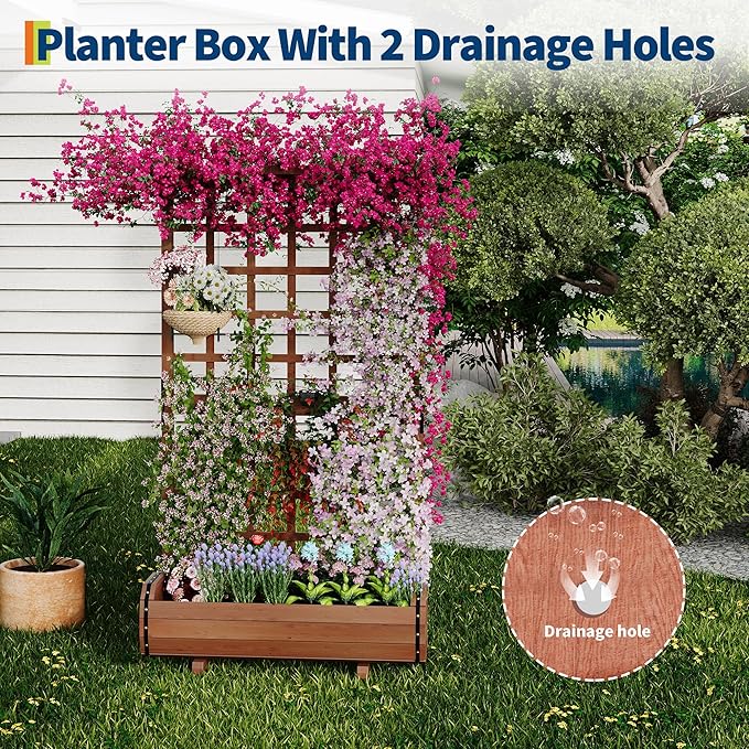 GarveeLife 67 h Raised Garden Bed with Trellis &amp Roof - Wooden Planter Box with Drainage Freestanding Outdoor Garden Box for Climbing Vines Vegetables Flowers - Perfect for Yard Patio Balcon