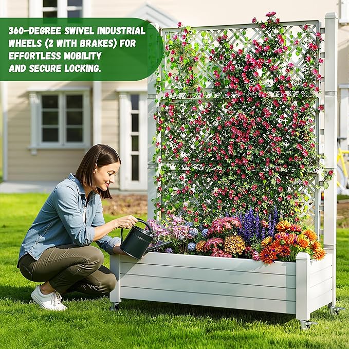 21 Gallon Raised Garden Bed with Trellis Self Watering Raised Planter Box with Wheels Drainage Holes and Gauge for Climbing Plants Vegetables and Flowers Anti-Rust Resin for Backyard Patio