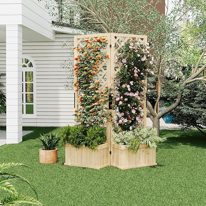 65IN Tall Wood Planter with Trellis 2 in 1 Freestanding Outdoor Wood Slanted Trellis and Raised Bed Wooden Privacy Screens Garden Beds for Climbing Plants