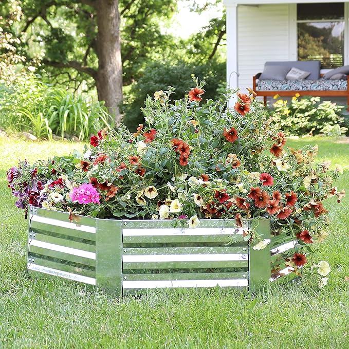 Sunnydaze Silver Corrugated Galvanized Steel 24 x 11.75 Square Planter and 40.5 x 11.75 Hexagon Raised Garden Beds for Vegetables Plants and Flowers