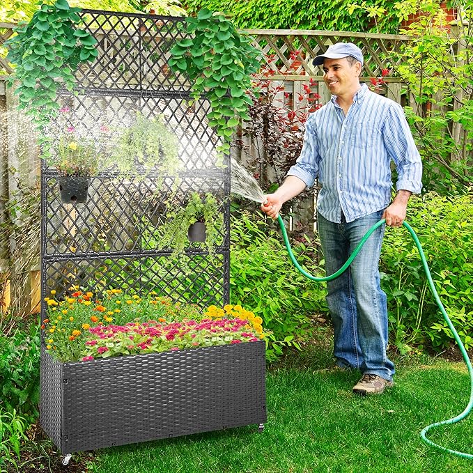 GENMOUS 72in/5.9ft Metal Raised Garden Bed with Trellis Planter Box Trellis with Wheels for Vine Climbing Plants Trellis with Drainage Holes for Flowers Vegetables in Garden Patio Balcony （Black）