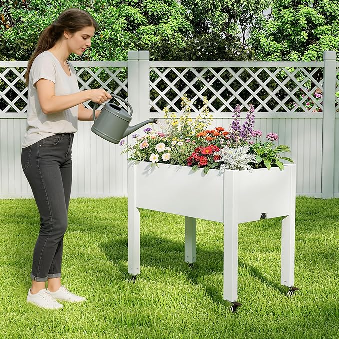 Elevated Raised Garden Bed with Wheels - Outdoor Mobile Resin Planter Box with Drainage Holes for Vegetables Flower Herbs Weather Resistant White (26.3 h)