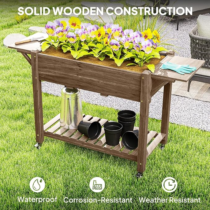 Premium Wood Elevated Garden Bed Featuring Lockable Wheels Side Cabinets Removable Bottom Shelf Complete Drain Holes Charred Treatment