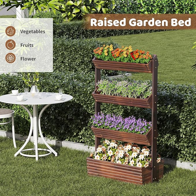 FILWH Wooden Raised Garden Bed Vertical Planter Box Freestanding Plant Stand for Indoor Outdoor Plants Herbs Flowers Vegetables Gardening (Carbonized 4-Tier29.9 x 17.9 x 55in)
