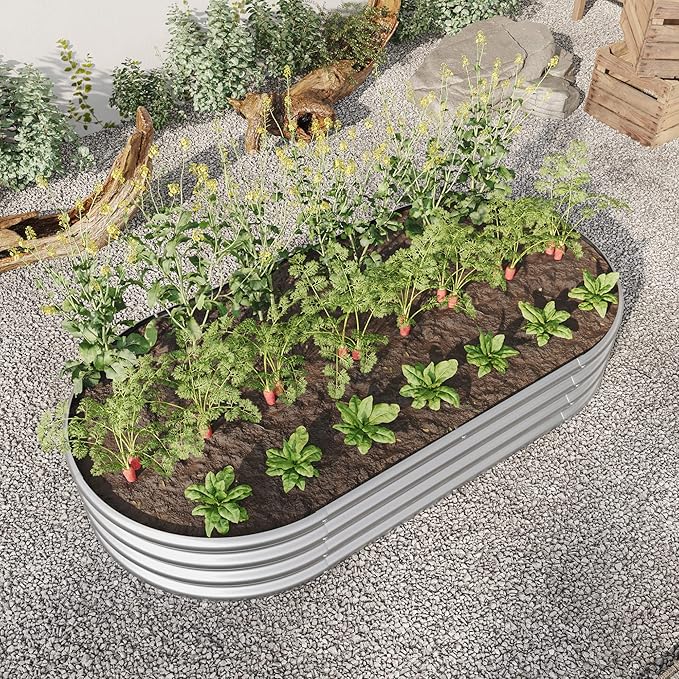 Raised Garden Bed Outdoor Oval Large Metal Raised Planter Bed for for Plants Vegetables and Flowers Silver