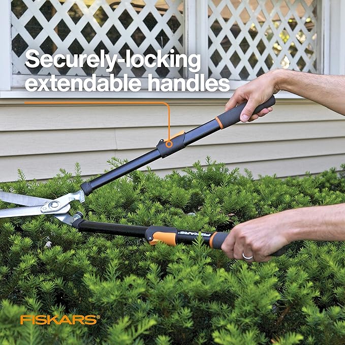 Fiskars Power-Lever Extendable Hedge Shears Self-Sharpening Serrated Steel Blades for Clean Cuts Handles Adjust 25-33 for High Reach Multiplies Leverage for 2x Power 10 Blades Orange/Black