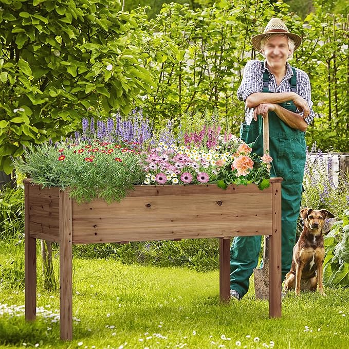 Yaheetech 1pc Raised Garden Bed 48x24x30in Elevated Wooden Horticulture Planter Box with Legs Standing Growing Bed for Gardening/Backyard/Patio/Balcony Dark Brown