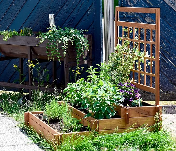 raised bed three-level Peru wooden with climbing trellis: planter box cold frame construction kit for vegetables brown 110x88x115 cm 58185FSC